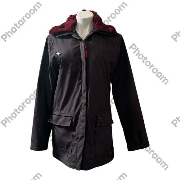 Women’s Black Jacket with Red Fur Collar - Picture 1 of 14